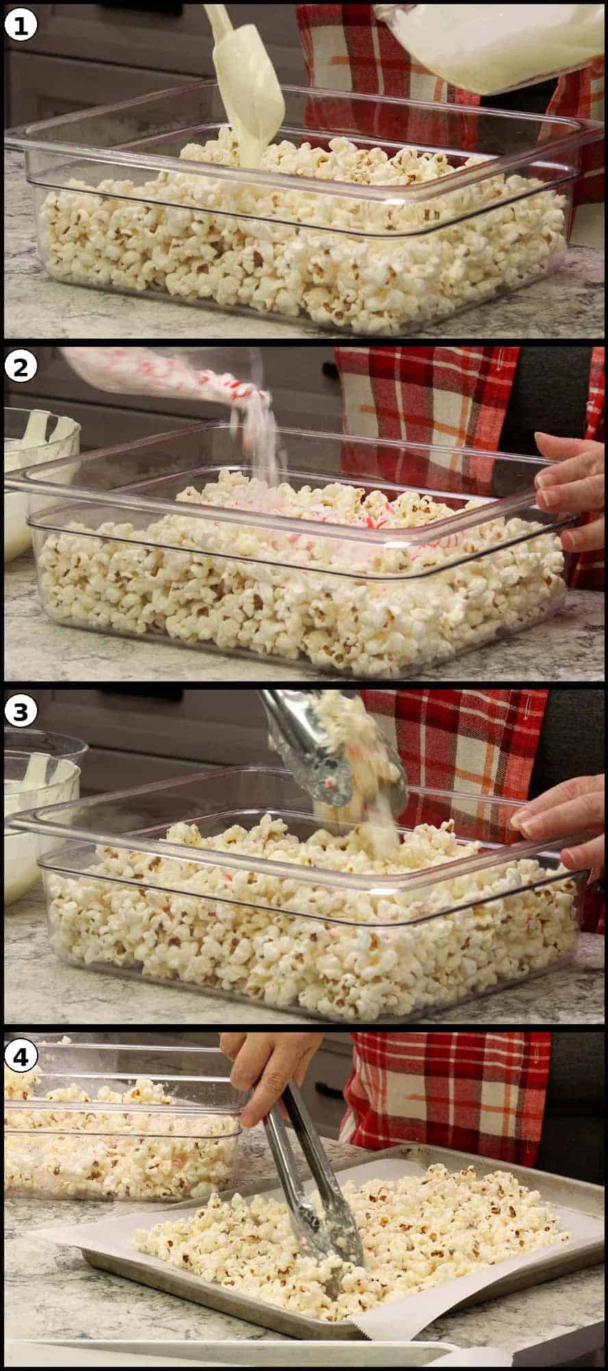 adding chocolate and crushed peppermint to peppermint popcorn.