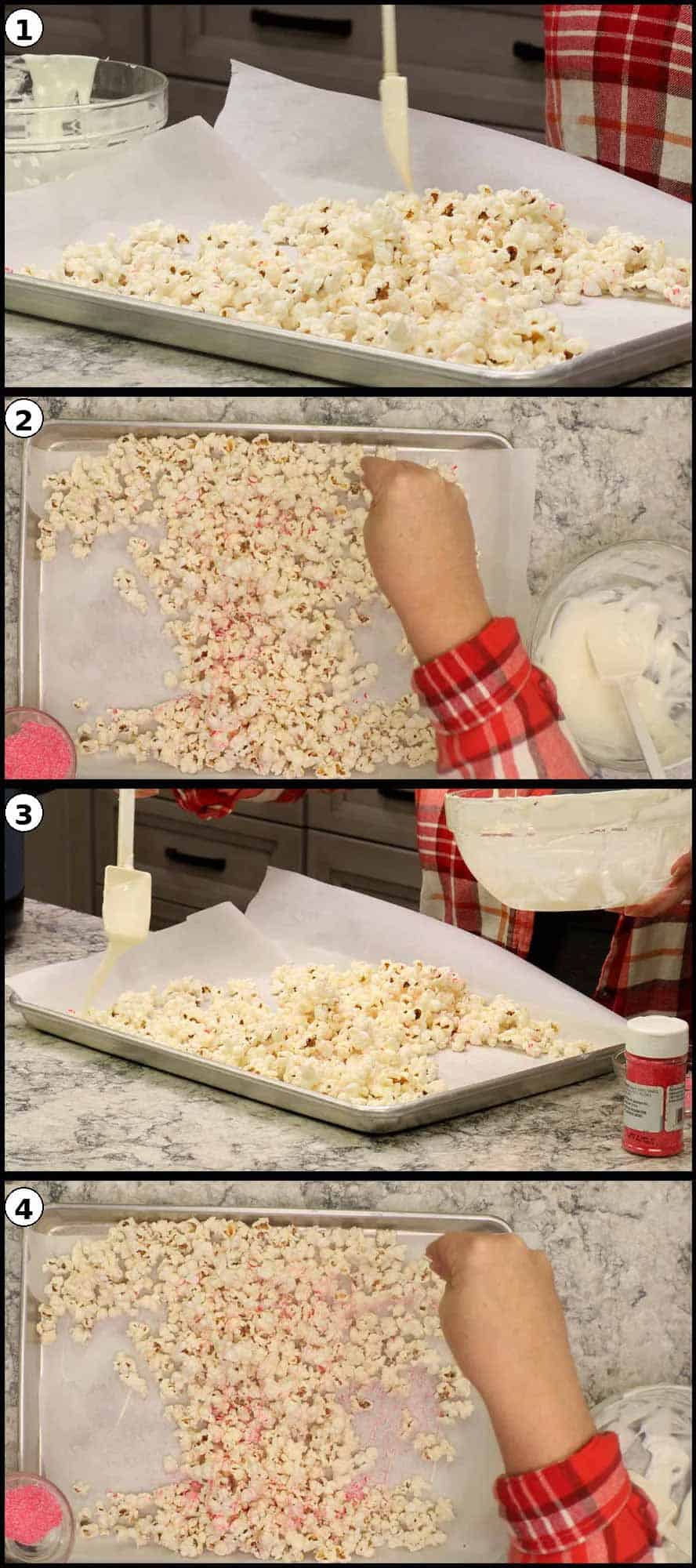 adding chocolate and sanding sugar to peppermint popcorn.