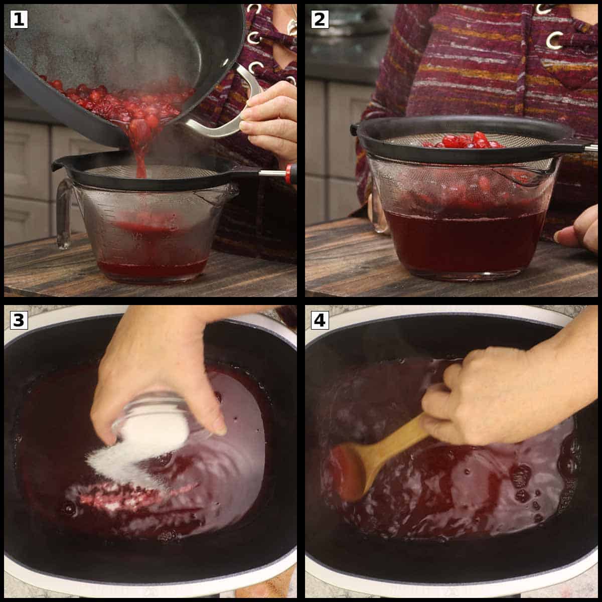 Straining the cranberries. 