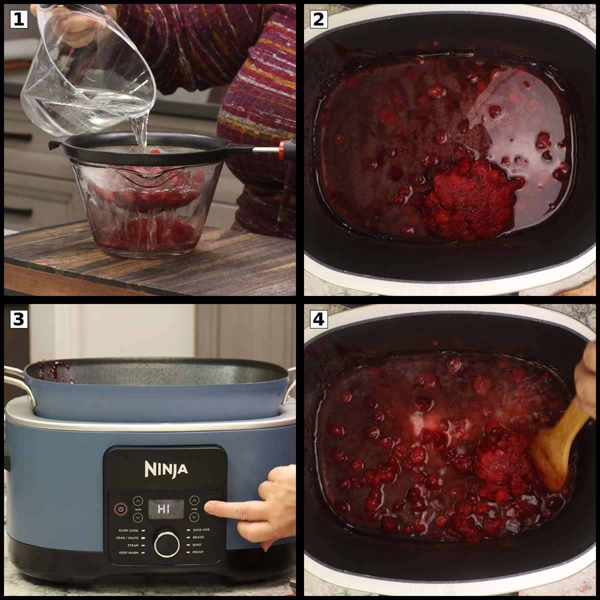 adding water to the cranberries to make preserves. 