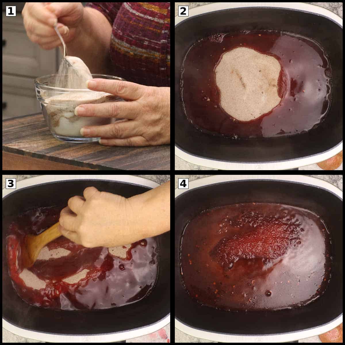 adding the sugar and spice mix to the cranberry juice. 