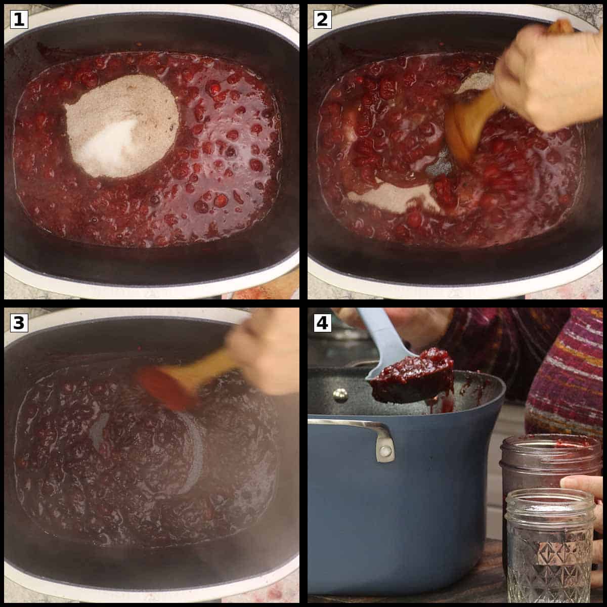 adding the sugar and spice for cranberry preserves. 