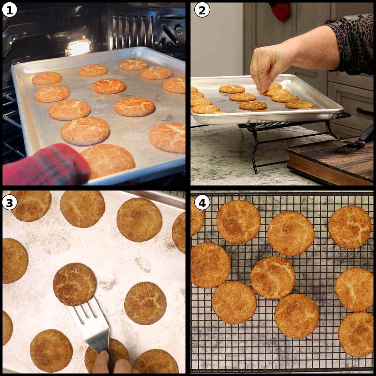 Removing the tray of cookies and putting them on a cooling rack.