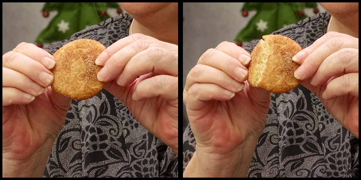 Breaking cooled snickerdoodle in half to show the inside.