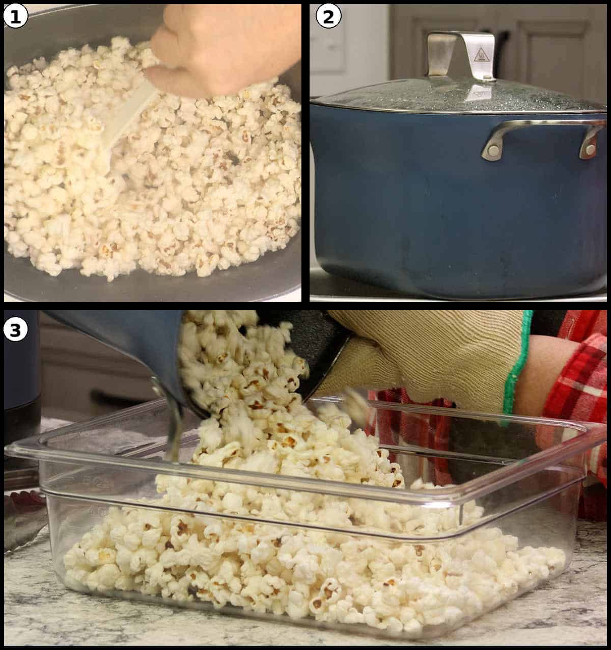 Popcorn finished and transferred to a container to cool.
