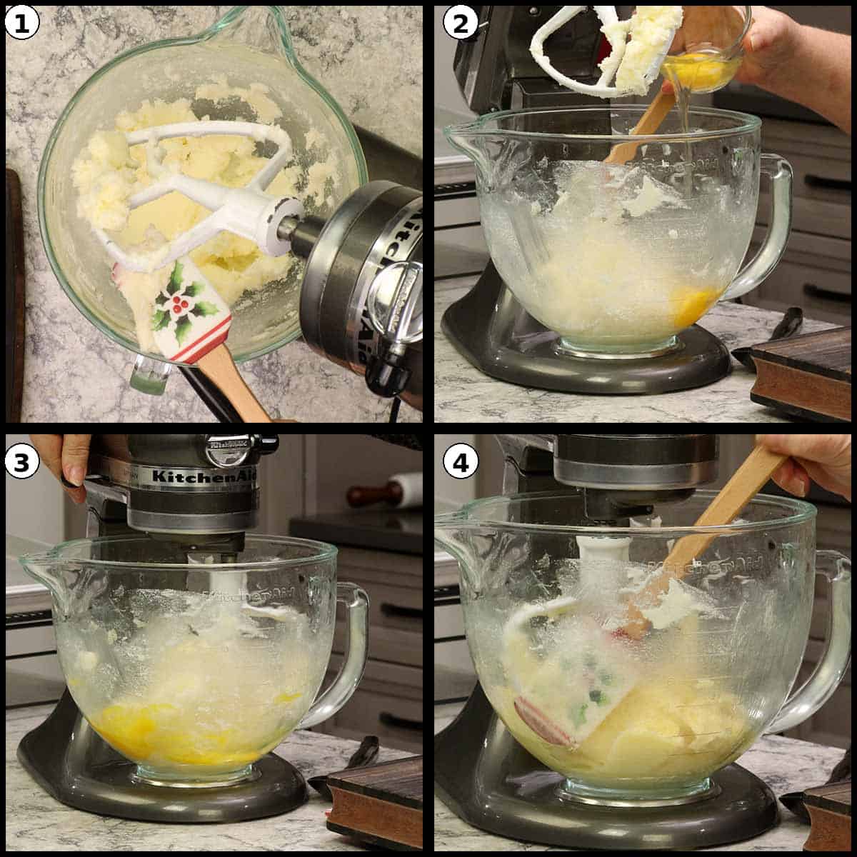 adding egg and scraping down side of mixing bowl.