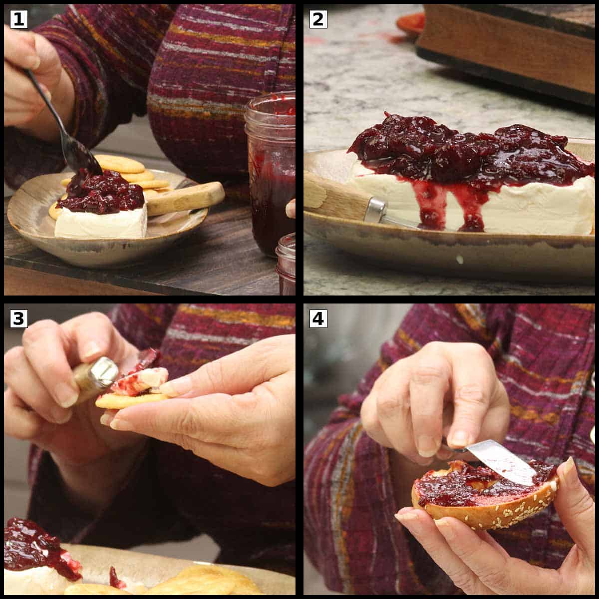 Serving both Jelly on a bagel and preserves on a block of cream cheese. 