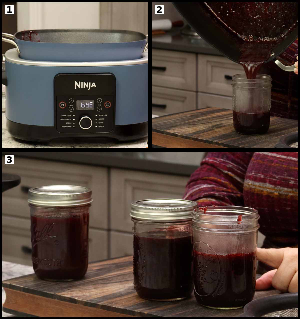 Pouring the cranberry jelly into the jar. 