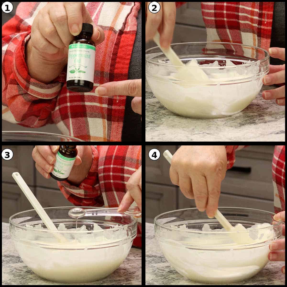 Stirring oil into white chocolate for peppermint popcorn.