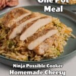 Plated cheesy rice a roni with chicken and broccoli.