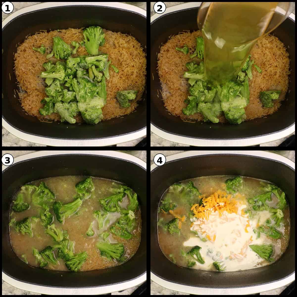 Adding broccoli liquid cheese and cream before steaming.