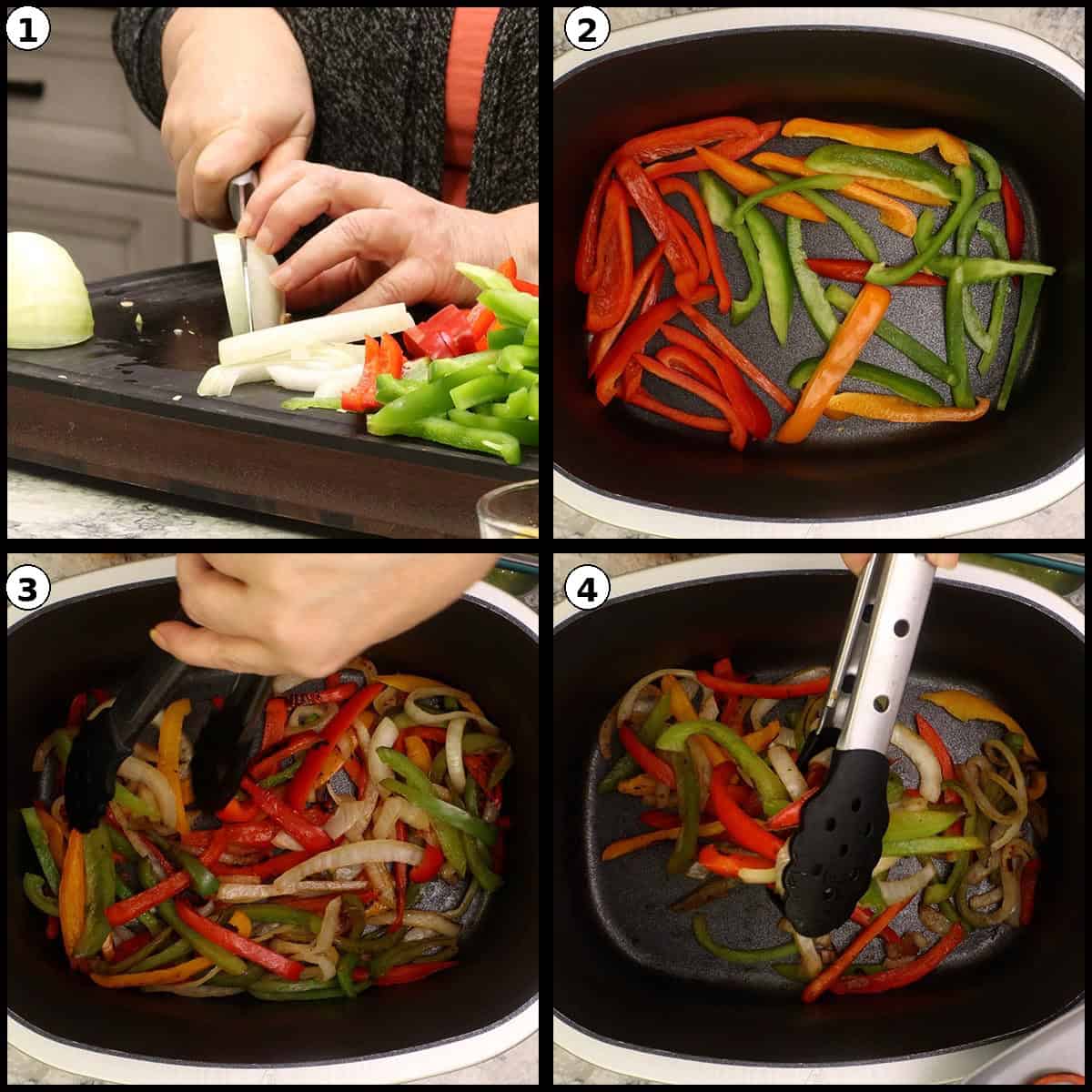slicing the peppers and onion and adding them to the pot. 
