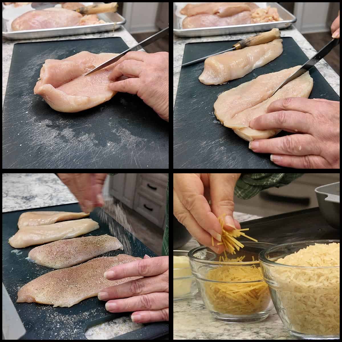 Preparing chicken and pasta for the recipe.