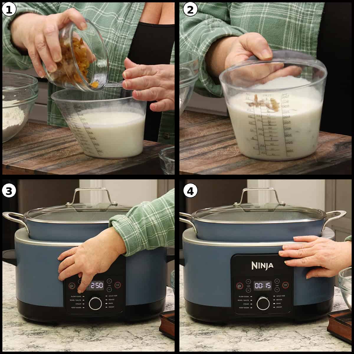 Adding golden raisins to buttermilk and preheating the Ninja Foodi Possible Cooker Pro.