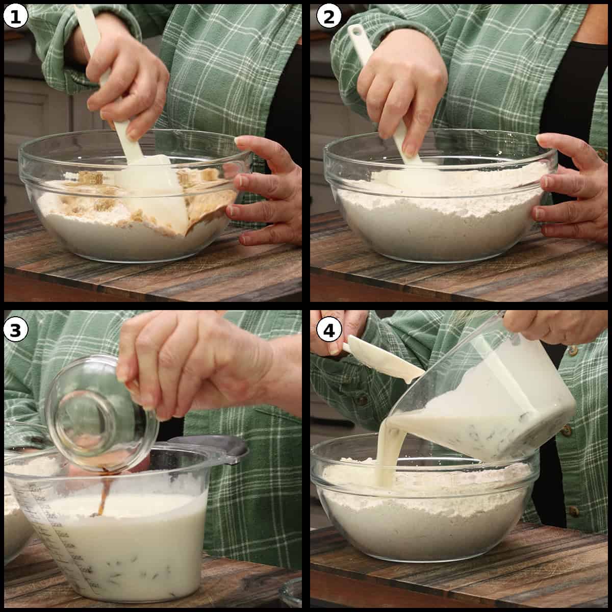 Mixing dry ingredients and adding vanilla to the buttermilk before combining wet and dry ingredients.