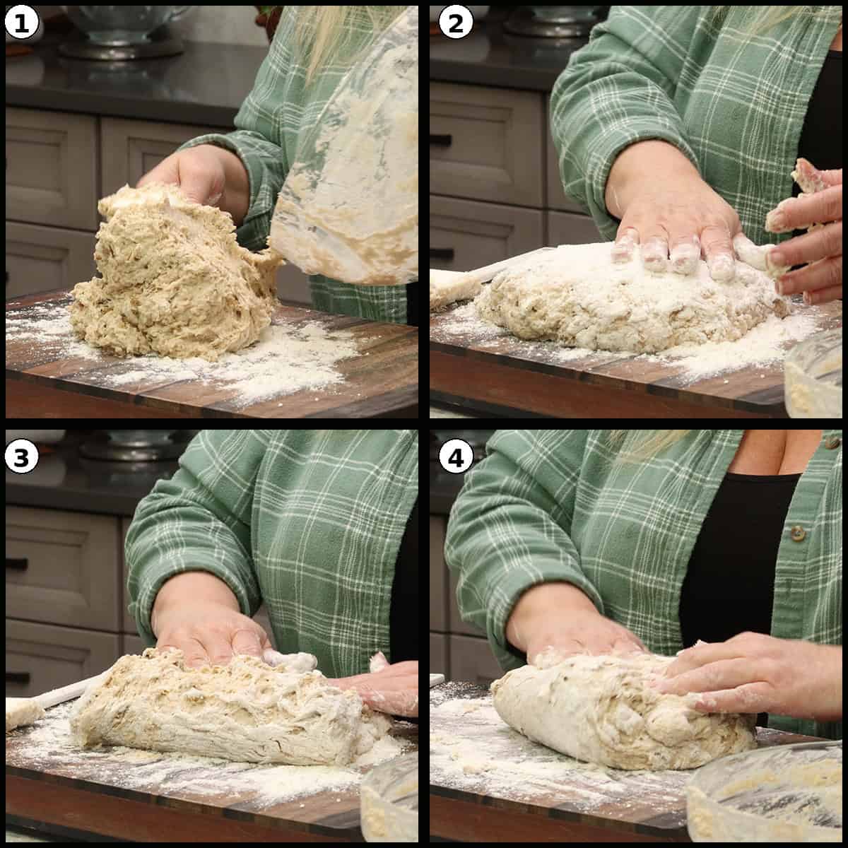 Kneading Cinnamon Raisin Quick Bread dough on a floured cutting board.