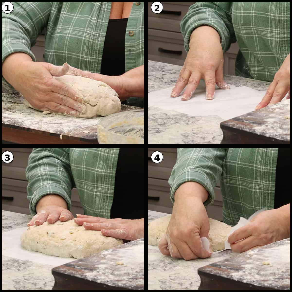 Shaping the Cinnamon Raisin Quick Bread dough and placing it on parchment paper.