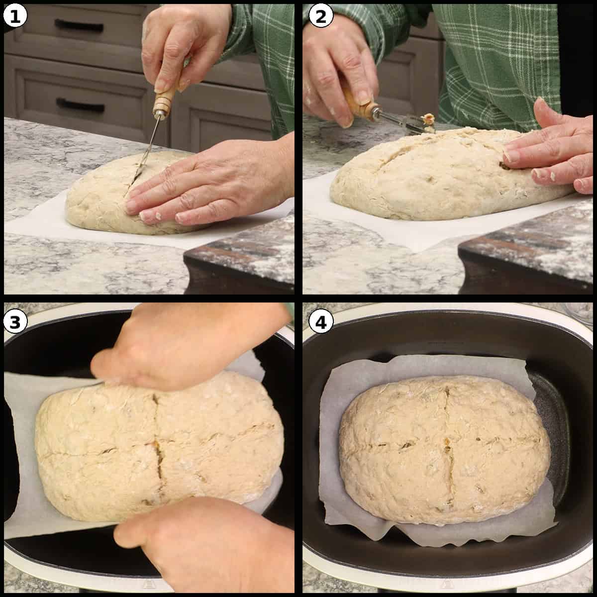 Scoring the dough and lowering it into the Ninja Foodi Possible Cooker Pro for baking.