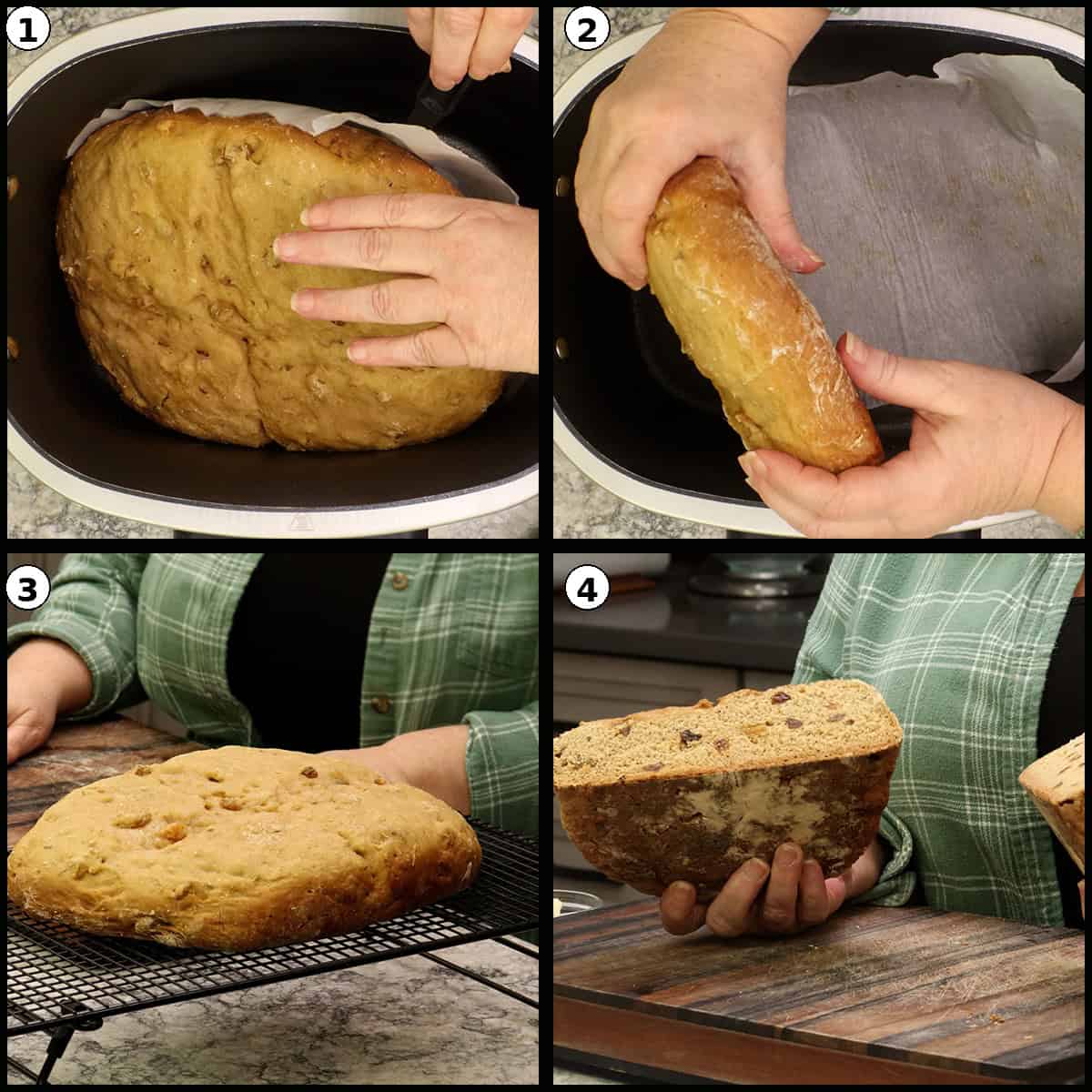 Removing Cinnamon Raisin Quick Bread from the Possible Cooker Pro and cooling on a wire rack before cutting.