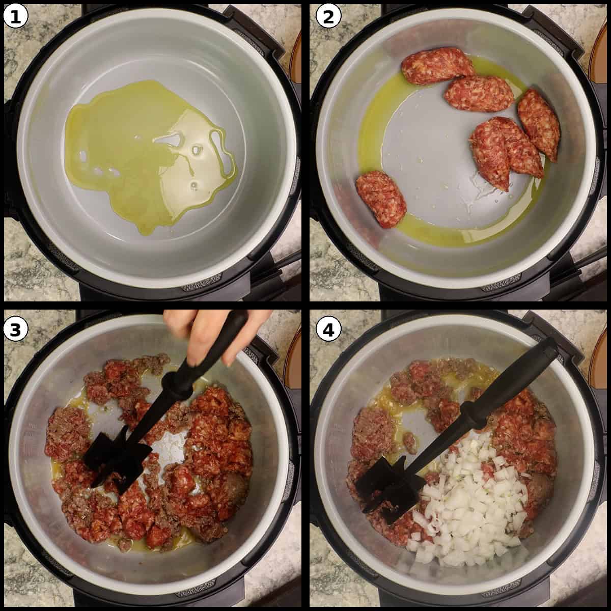 Collage overview of Parma Rosa Pasta with Chicken and Sausage showing the finished dish alongside key preparation steps.