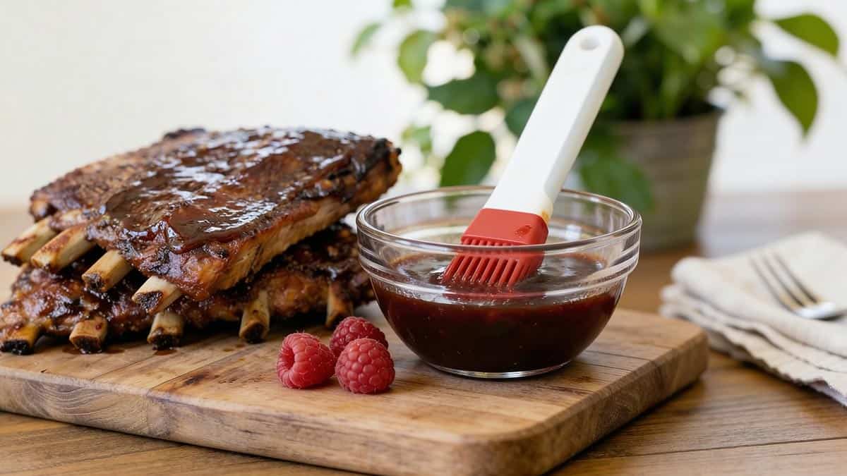 Raspberry bbq sauce in a clear bowl sitting next to ribs.