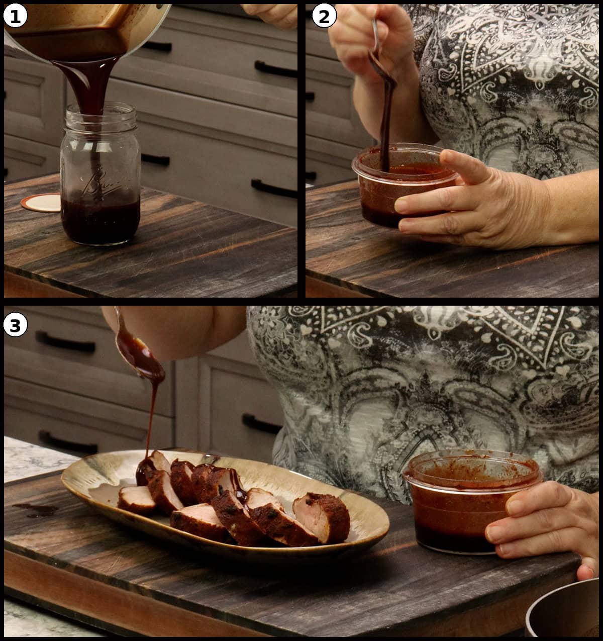 Pouring finished raspberry bbq sauce into a jar to cool and then showing how it thickened and drizzling it on pork tenderloin.