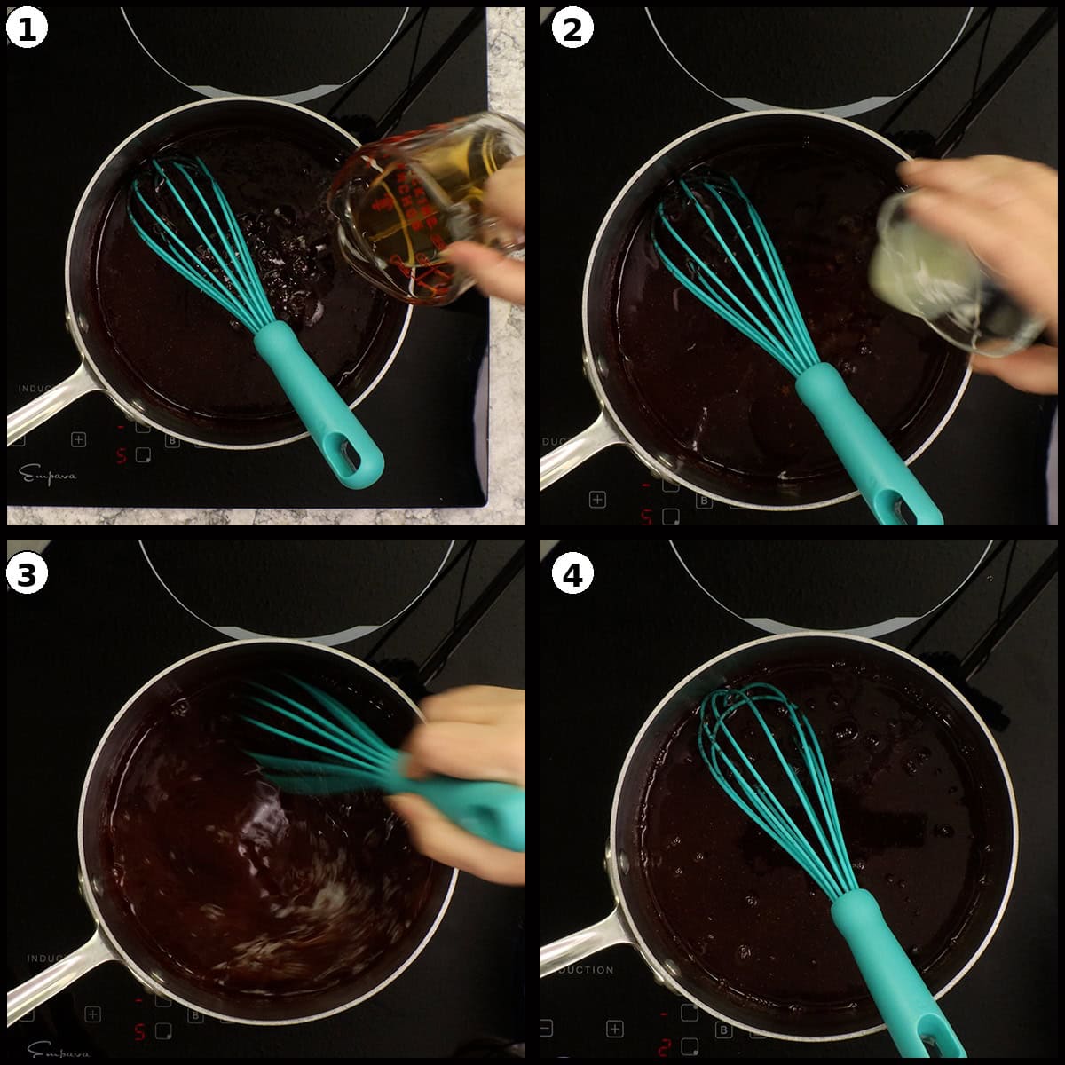 adding vinegar and lemon juice to raspberry bbq sauce and simmering to finish.
