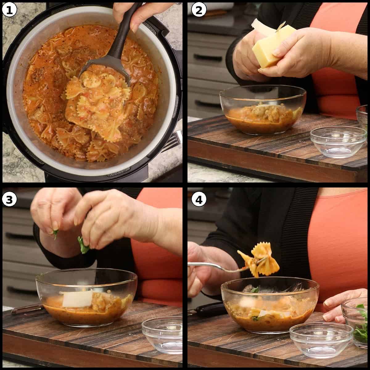 Collage showing the finished Parma Rosa Pasta being served into bowls and garnished with shaved parmesan cheese and fresh basil leaves.