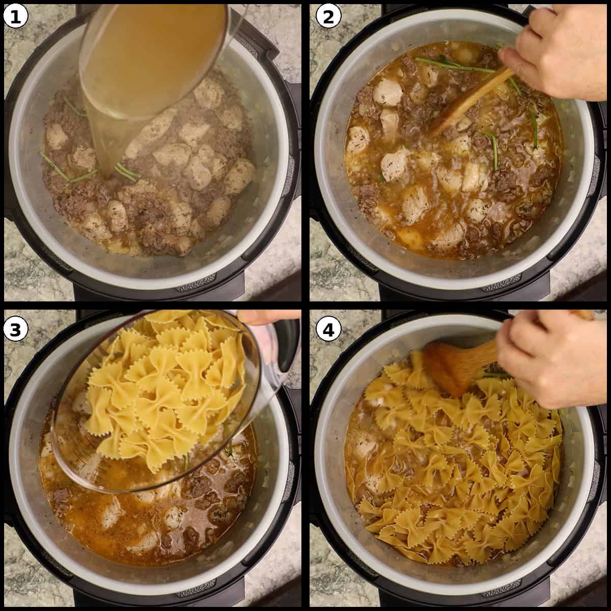 Collage showing chicken broth being added to the pot and bow tie pasta layered on top for Parma Rosa Pasta.