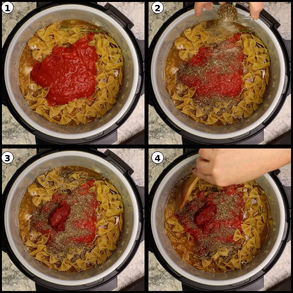 Collage showing crushed tomatoes, seasoning blend, and tomato paste being added on top of the pasta before pressure cooking.