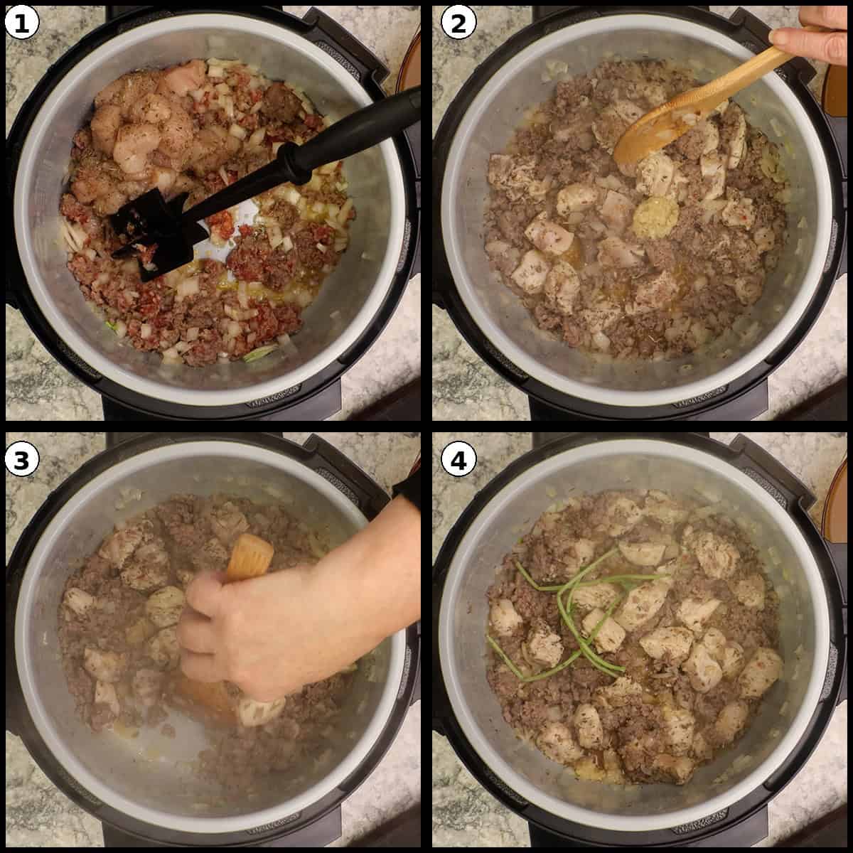 Collage showing Italian sausage browning in the pressure cooker, then chicken and onion added and cooking together.