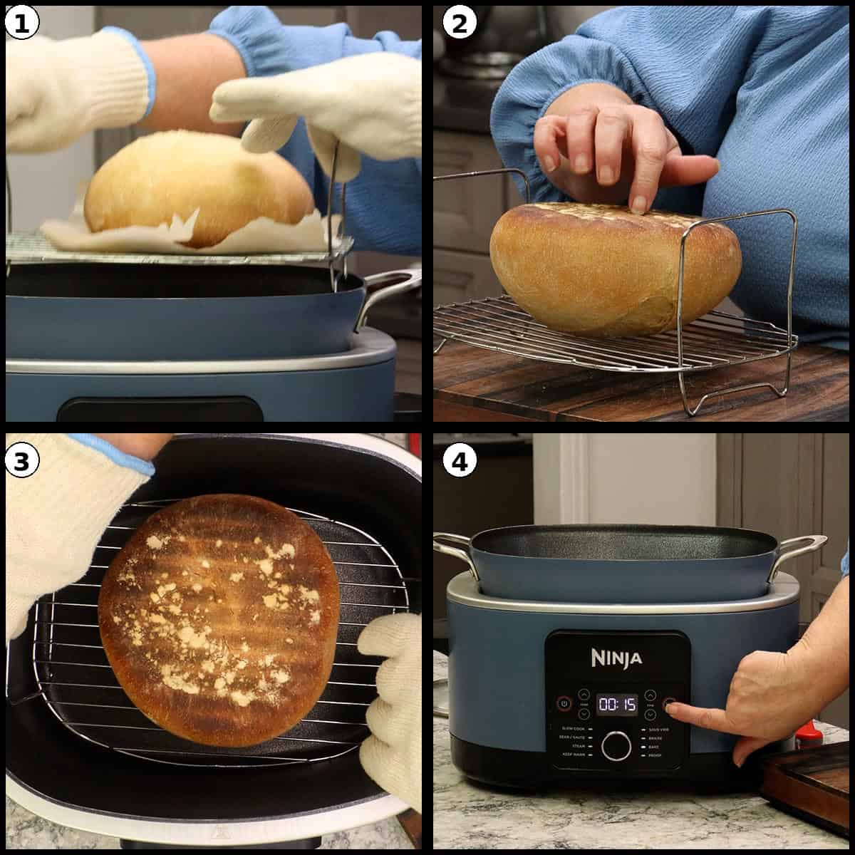 Flipping the bread for the last 15 minutes of baking with the lid off in the Possible Cooker Pro.
