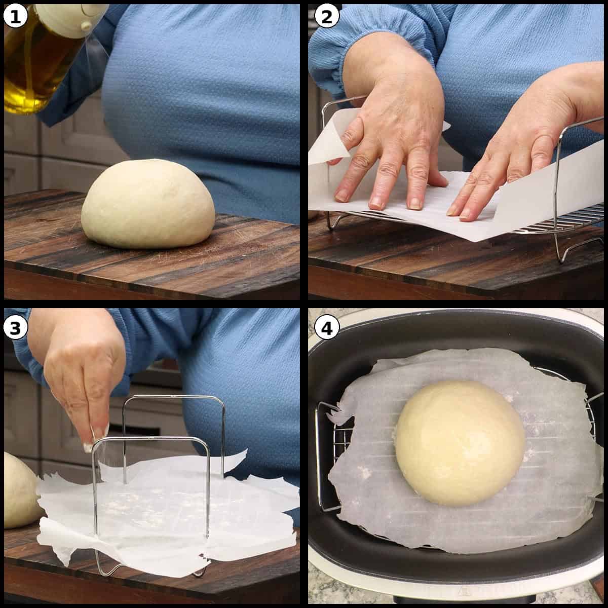 Preparing the rack with parchment paper for the second proof in the Ninja Possible Cooker Pro.