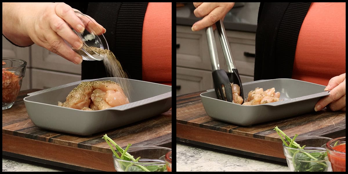 Collage showing prep steps for Parma Rosa Pasta including the seasoning blend, sausage removed from casings, chicken cubed, and onion diced.