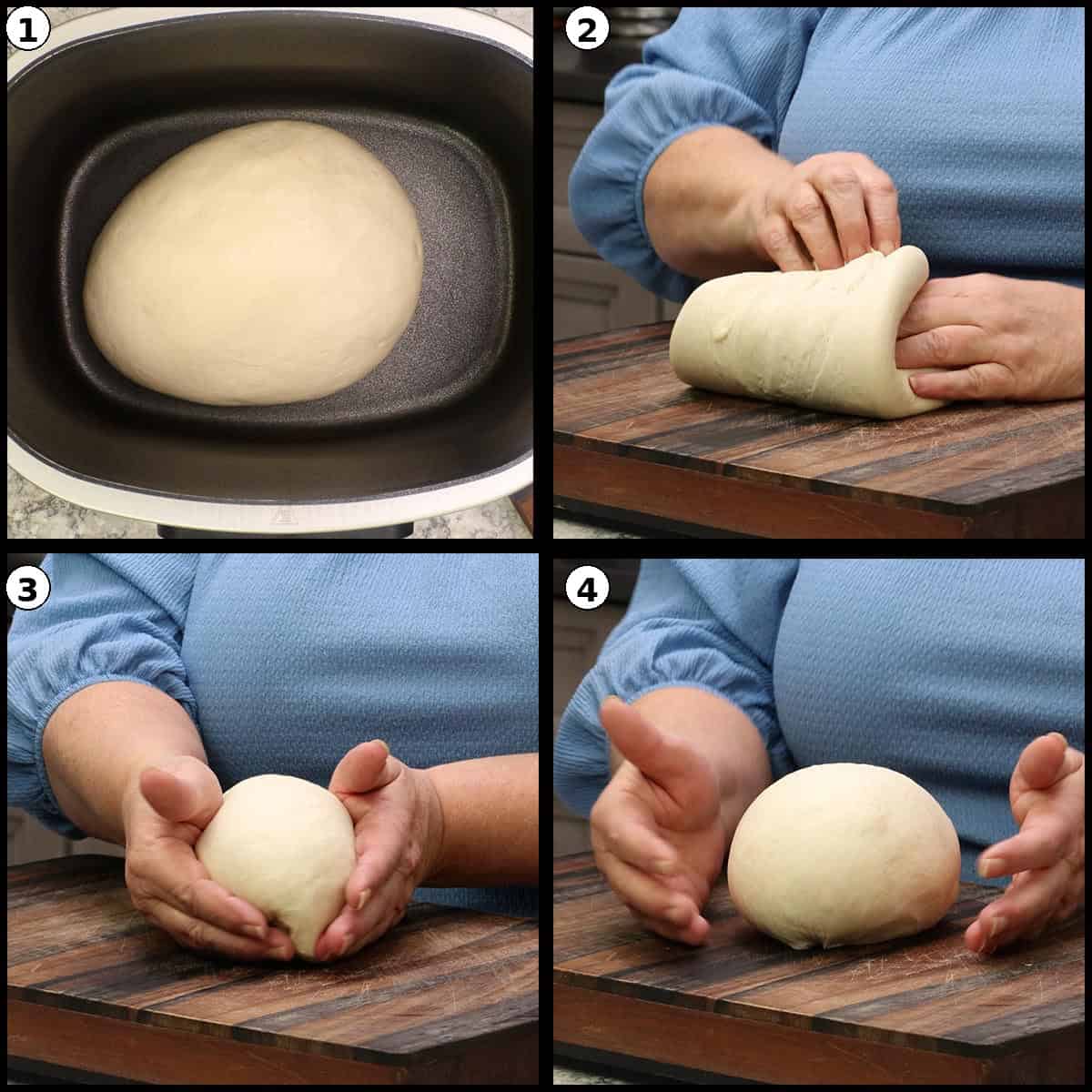 Shaping bread dough into a smooth ball with tension on top.
