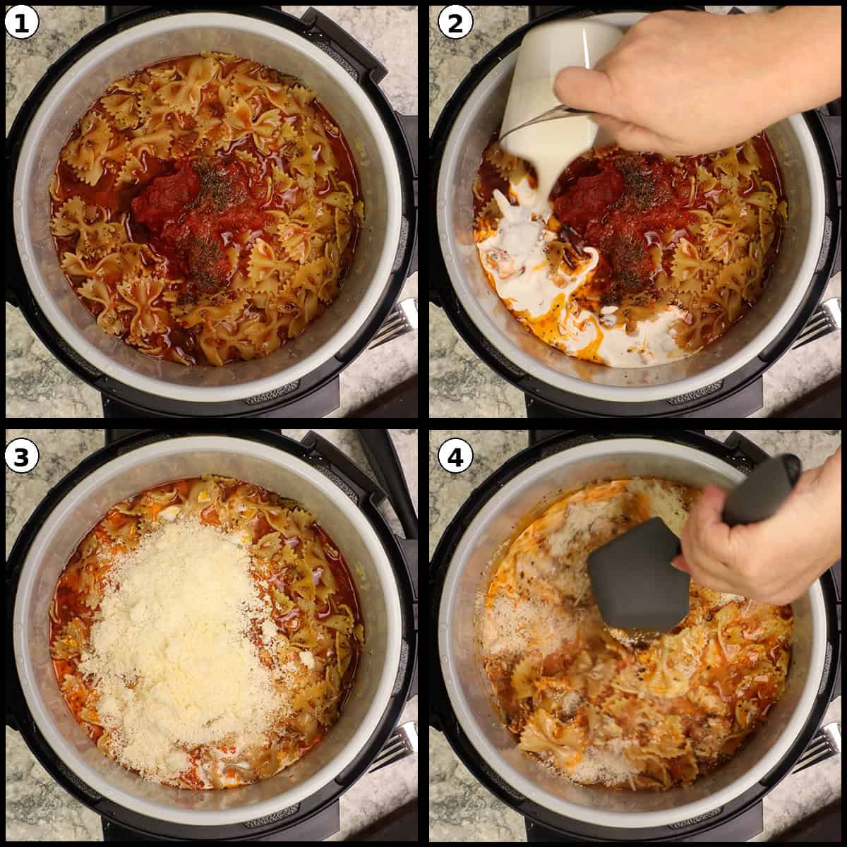 Collage showing heavy cream and shredded parmesan cheese being stirred into the cooked pasta to create the creamy Parma Rosa sauce.