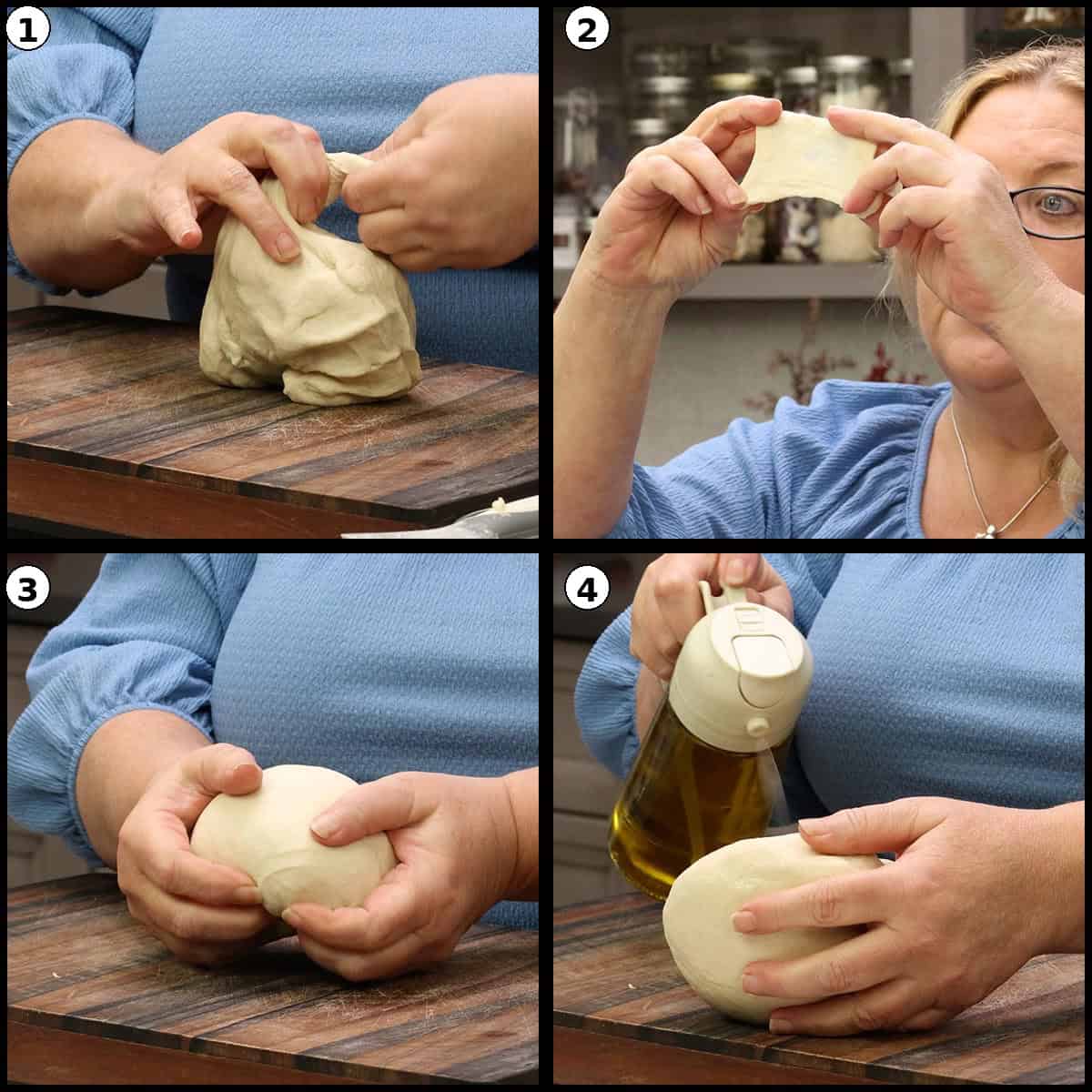 Checking the gluten structure of bread dough using the windowpane test.