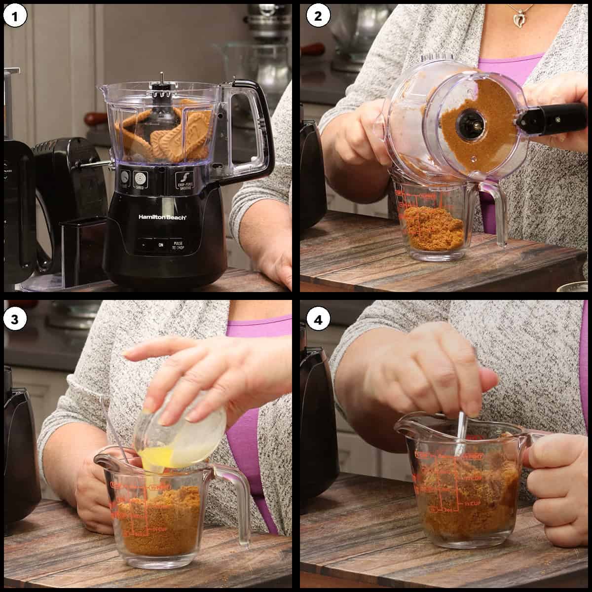 Step-by-step collage showing how to make cookie crust for mini cherry cheesecakes
