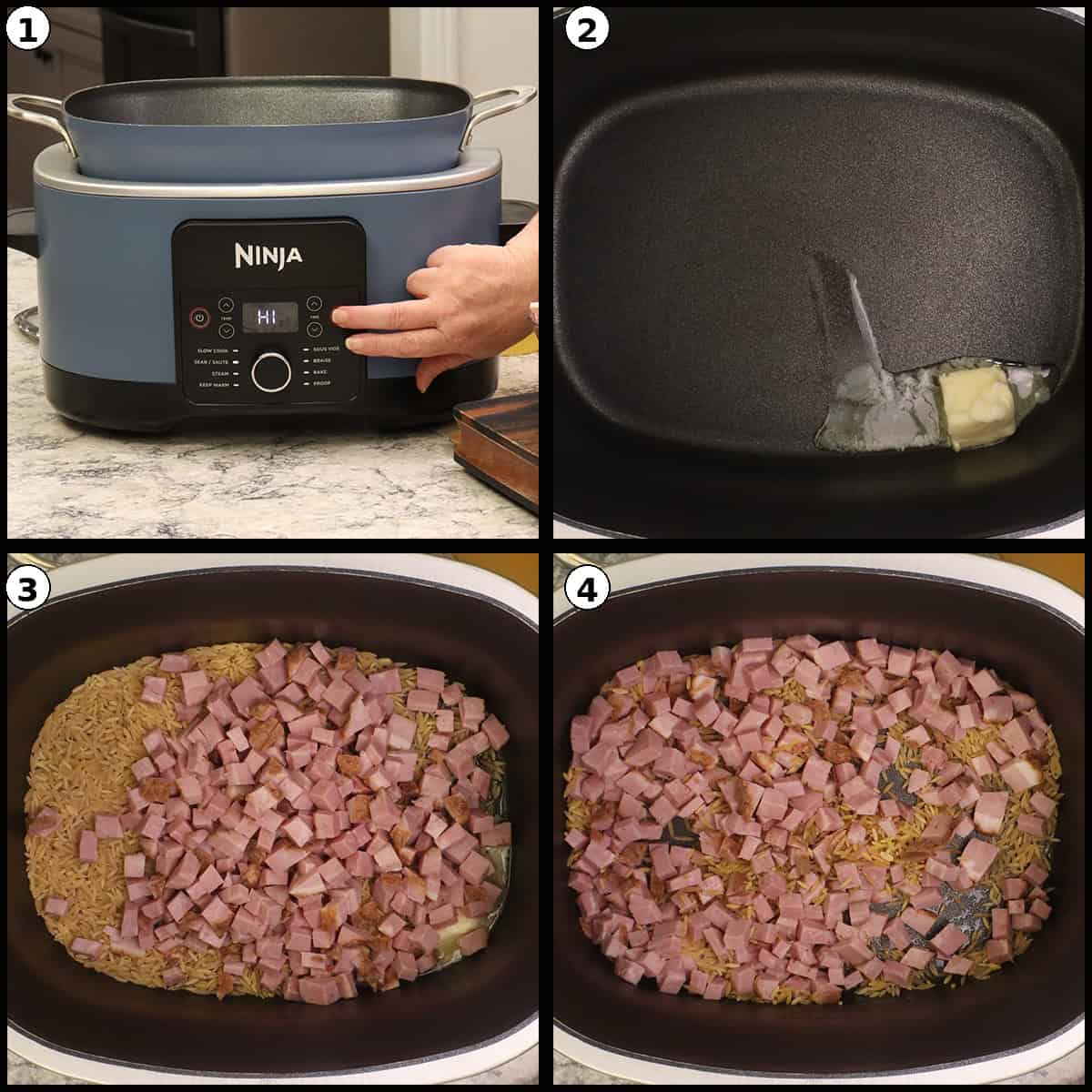 Sauteing orzo and diced ham in the Ninja Possible Cooker Pro with butter melting in the pan