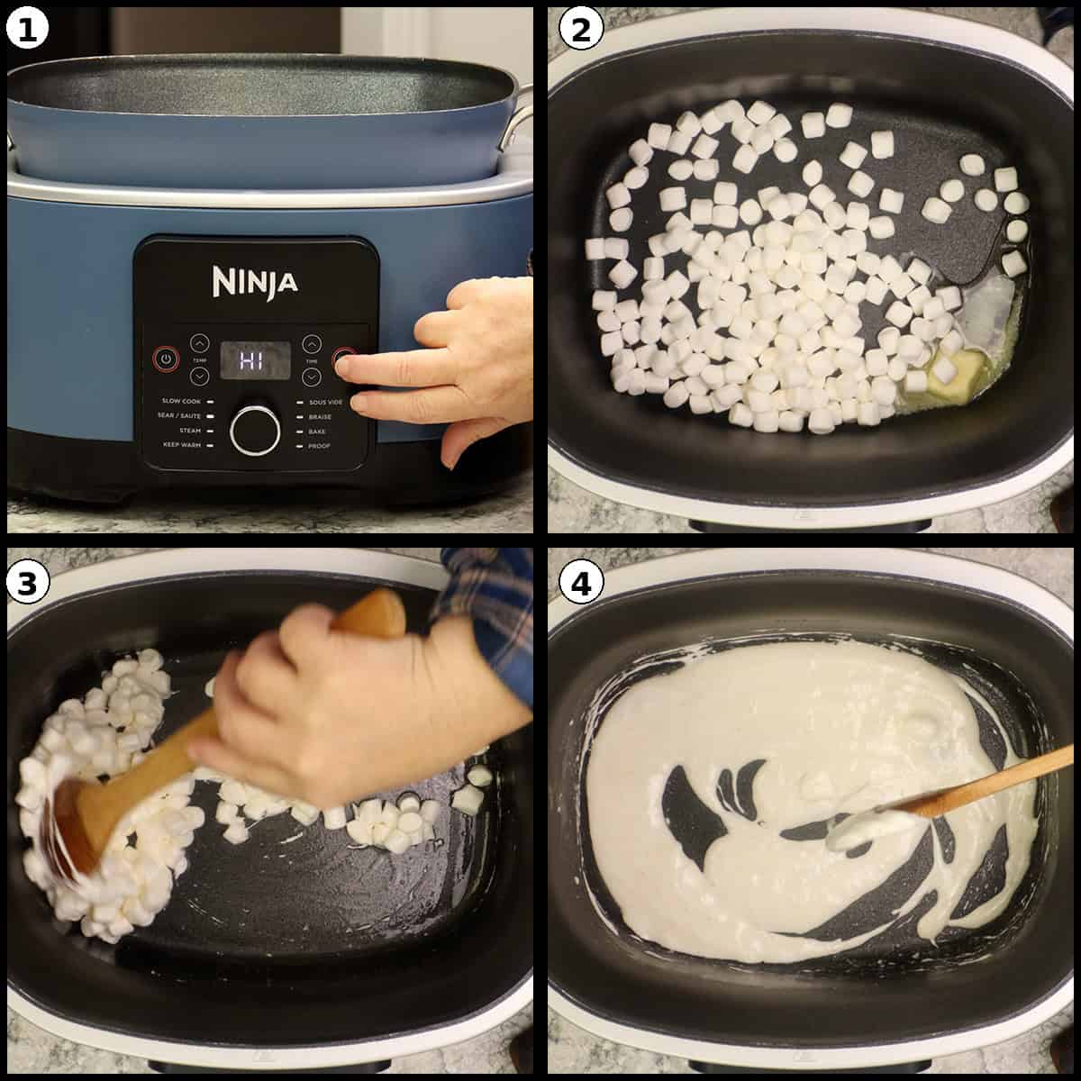 Four-step collage showing how to melt marshmallows for Cinnamon Toast Crunch bars: setting the Ninja Foodi to high, adding butter and marshmallows to the pot, stirring the melting marshmallows by hand, and the marshmallows fully melted into a smooth mixture