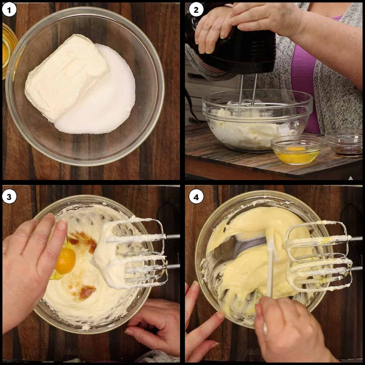 Step-by-step collage showing how to mix cheesecake batter for mini cherry cheesecakes