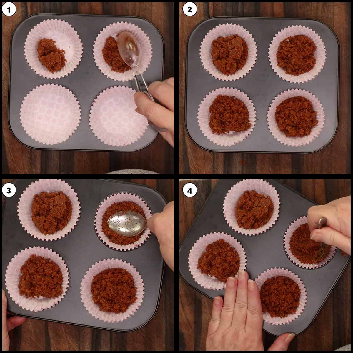 Step-by-step collage showing how to fill paper liners for mini cherry cheesecakes