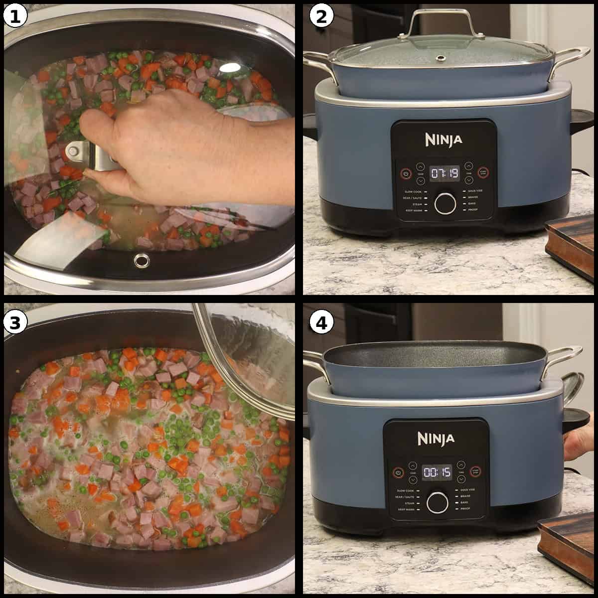 Covering the Ninja Possible Cooker Pro with glass lid to cook the ham and pasta bake