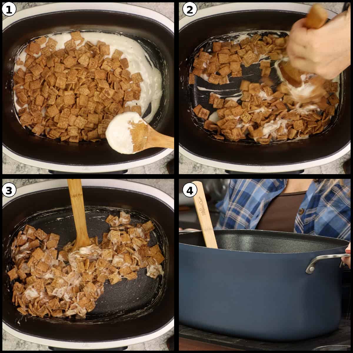 Four-step collage showing how to stir cereal into the marshmallow mixture: pouring Cinnamon Toast Crunch cereal into a pot of melted marshmallow, stirring with a wooden spoon, folding the cereal until coated, and the fully mixed cereal bar mixture ready for the pan