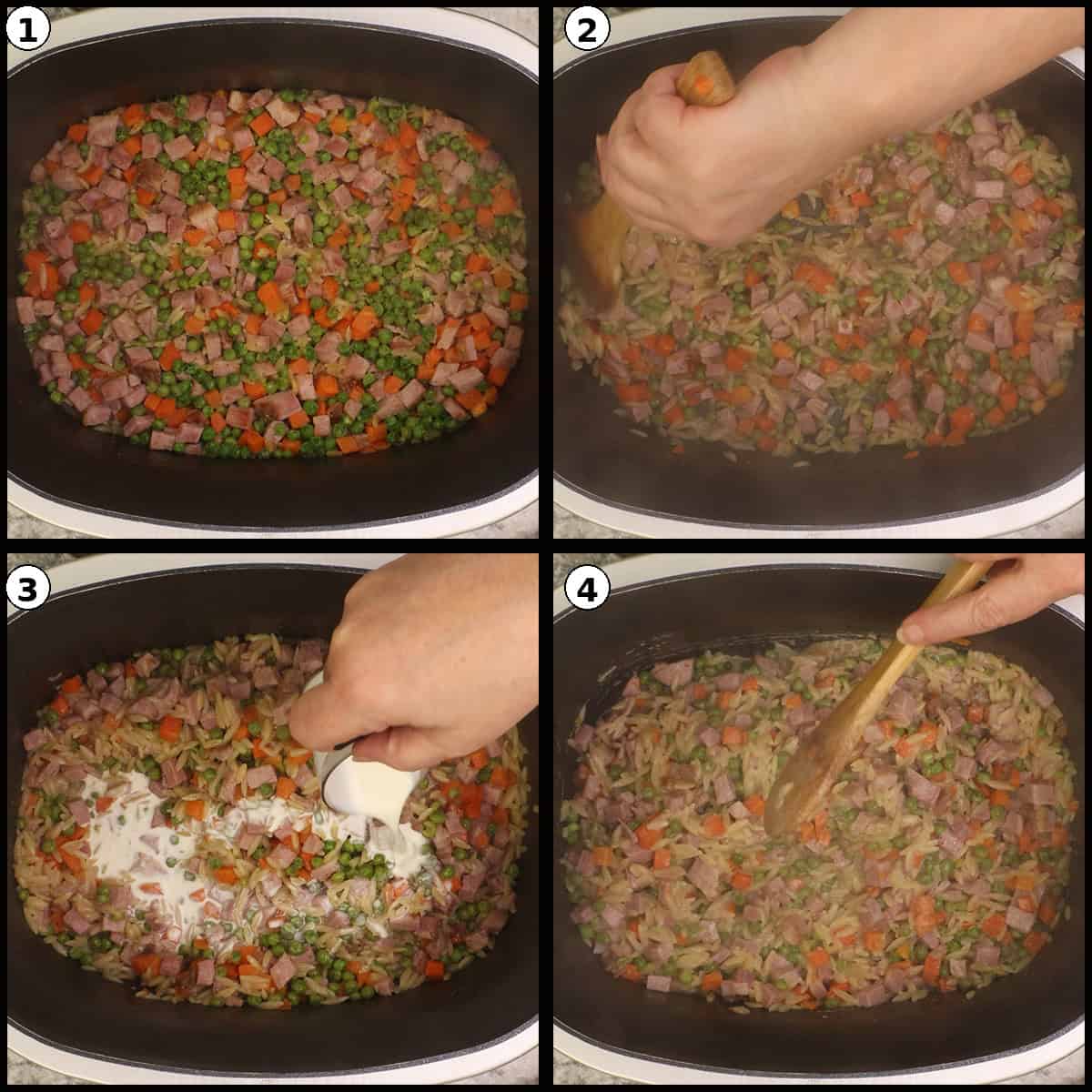 Stirring cream cheese and shredded cheese into the cooked ham and pasta mixture