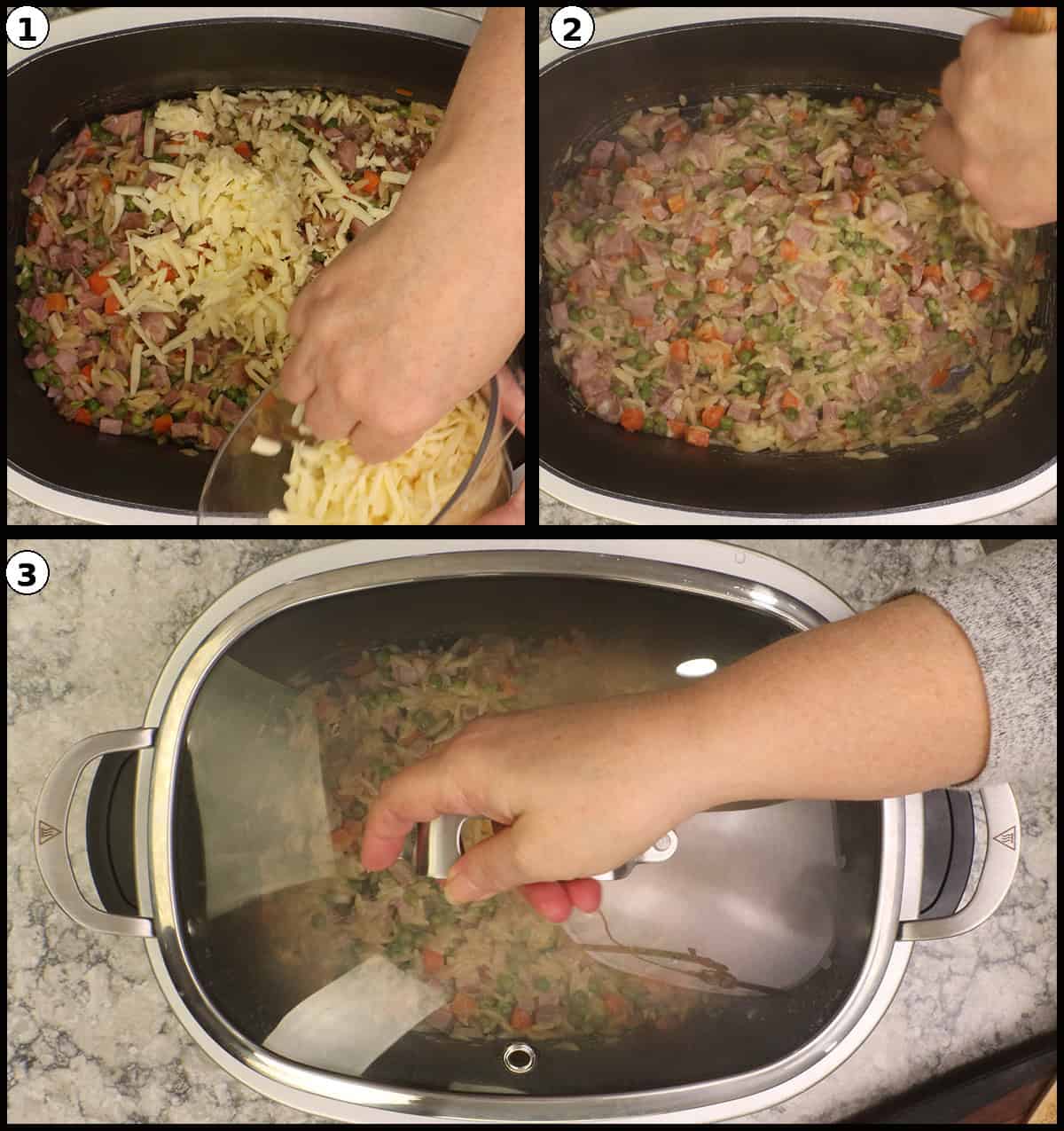 Adding shredded cheese to the ham and pasta bake and stirring until melted