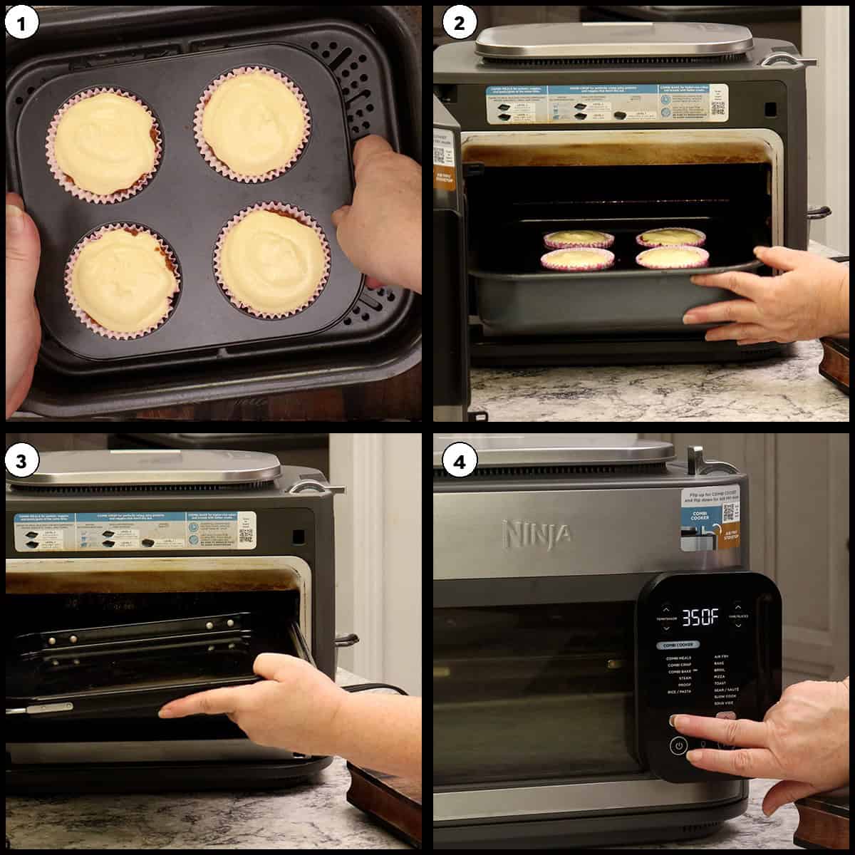 Step-by-step collage showing mini cheesecakes baking in the Ninja Combi