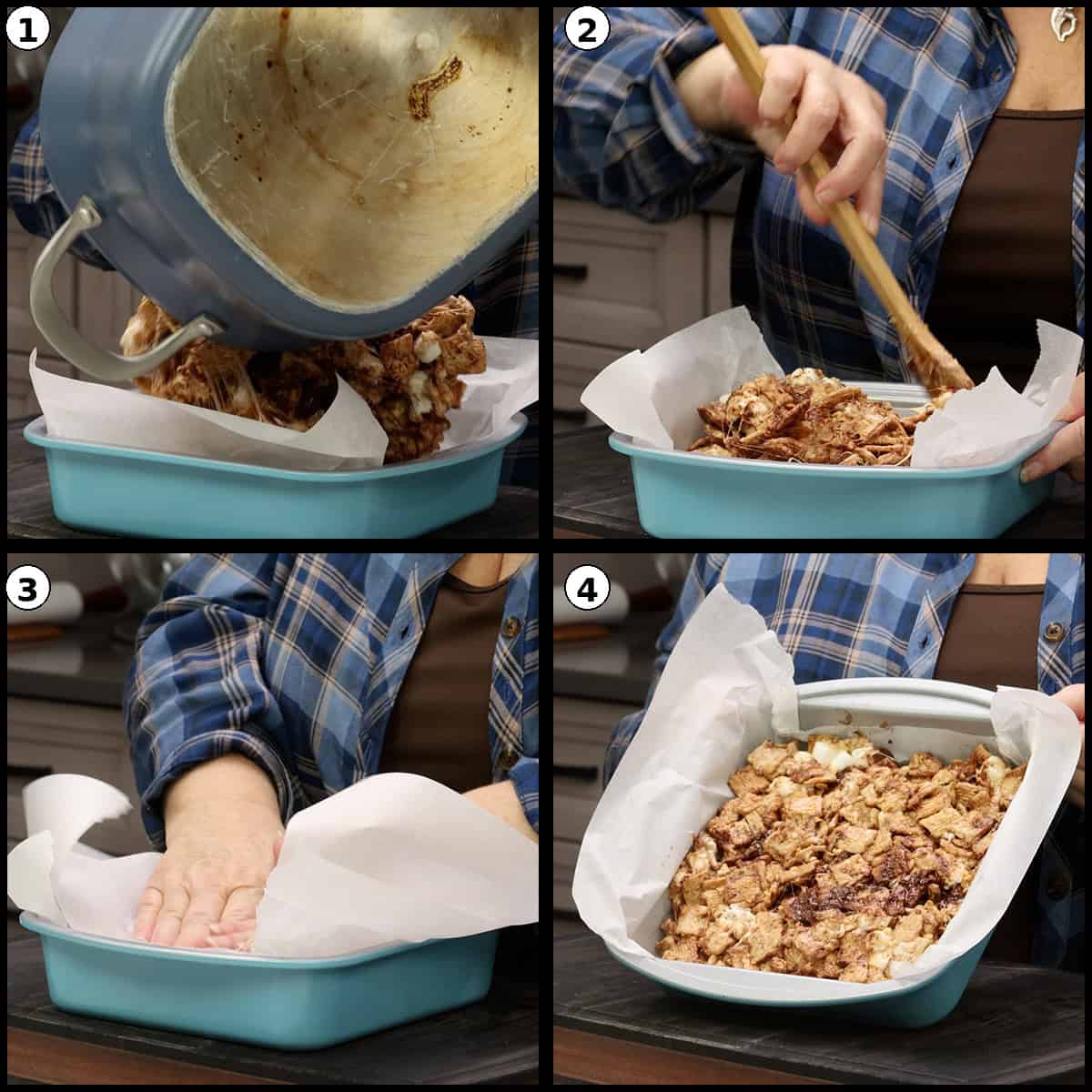 Four-step collage showing how to spread Cinnamon Toast Crunch bar mixture into a pan: scooping the mixture with a wooden spoon, pouring it into a parchment-lined baking dish, pressing it flat by hand, and the mixture evenly spread in the dish