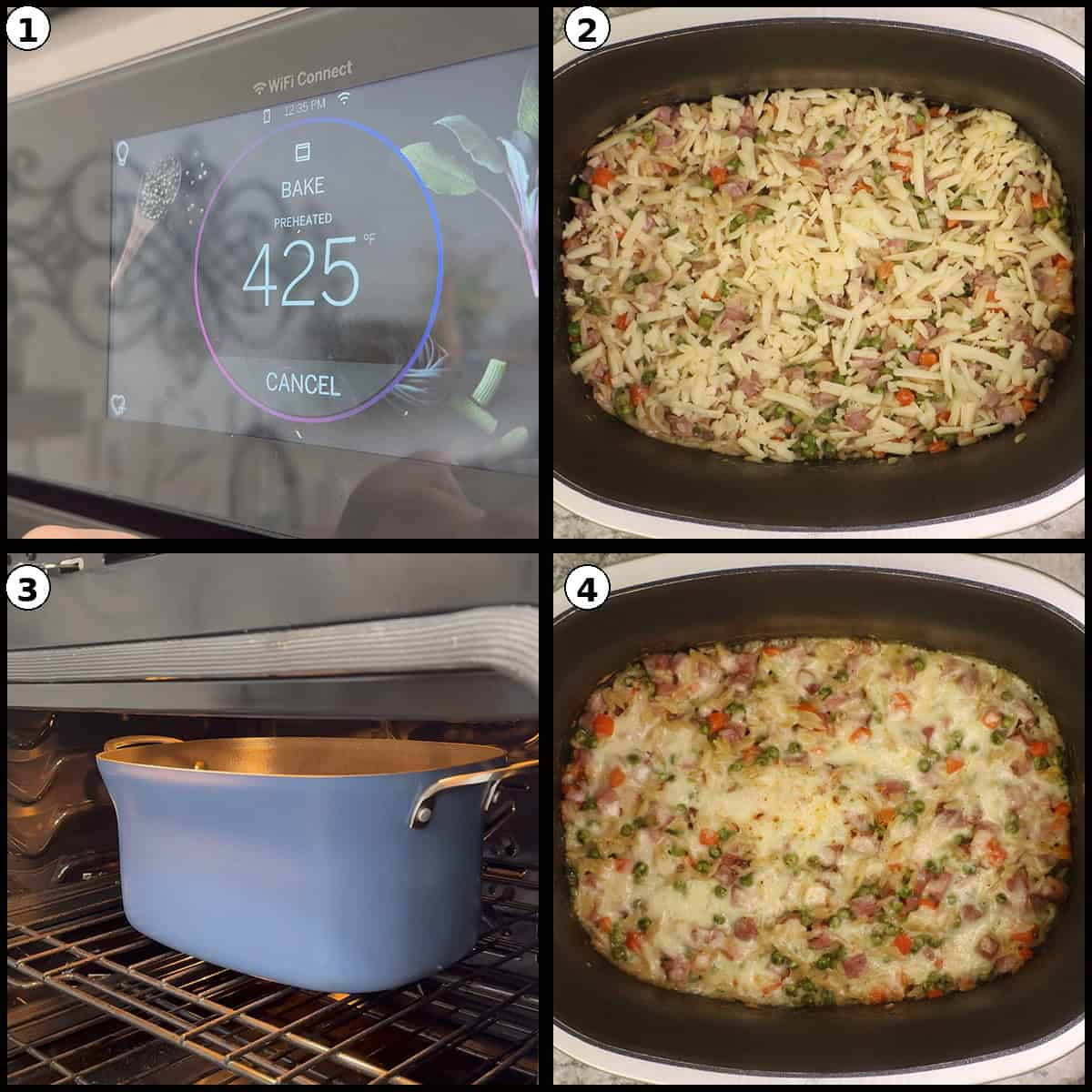 Baking the ham and pasta bake at 425 degrees with golden melted cheese on top