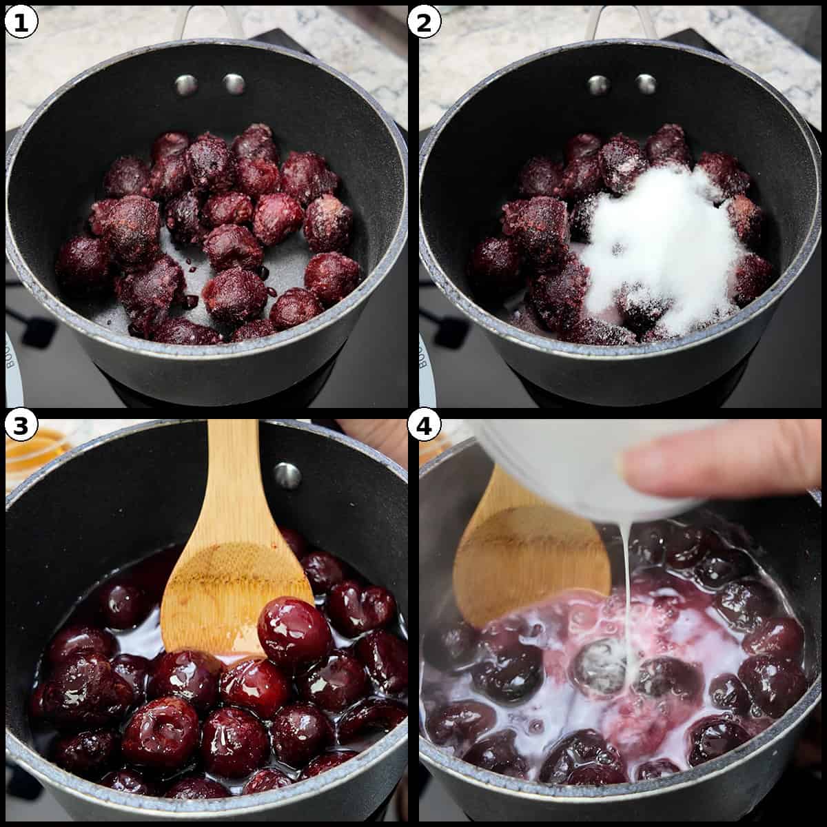 Step-by-step collage showing how to make homemade cherry pie filling